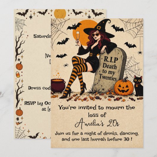 レトロハロウィン30歳の誕生日おめでとう RIP to My Twenties 招待状 (正面/裏面)