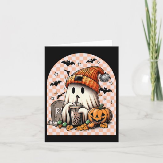 レトロハロウィーンかわいい幽霊飲みコーヒーカボチャ カード (正面)