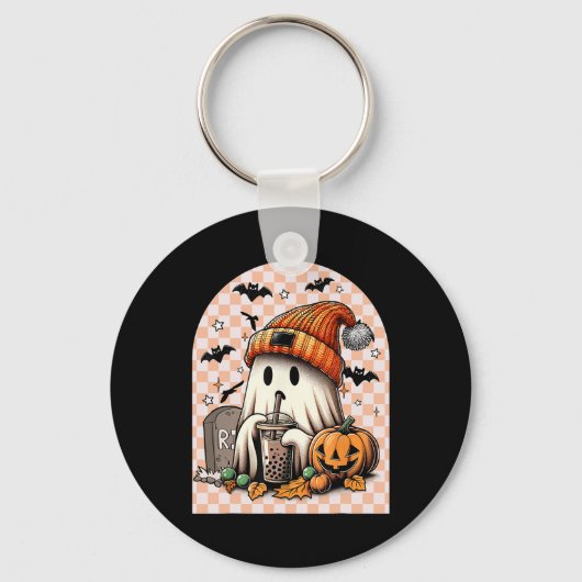 レトロハロウィーンかわいい幽霊飲みコーヒーカボチャ キーホルダー (正面)