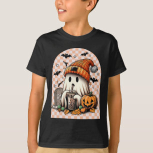 レトロハロウィーンかわいい幽霊飲みコーヒーカボチャ Tシャツ