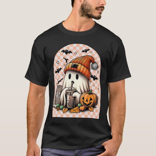 レトロハロウィーンかわいい幽霊飲みコーヒーカボチャ Tシャツ (正面)