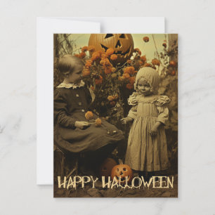 レトロハロウィーンの不気味な女の子と彫りカボチャ ポストカード