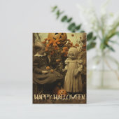 レトロハロウィーンの不気味な女の子と彫りカボチャ ポストカード (スタンド正面)