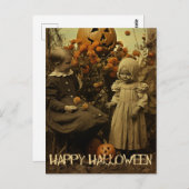 レトロハロウィーンの不気味な女の子と彫りカボチャ ポストカード (正面/裏面)