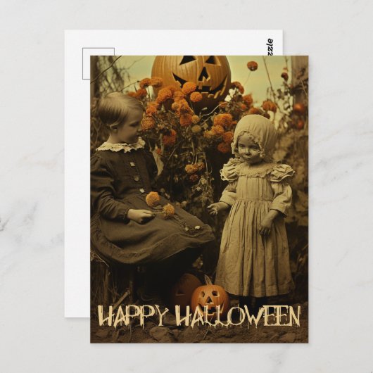 レトロハロウィーンの不気味な女の子と彫りカボチャ ポストカード (正面/裏面)