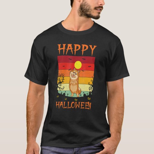 レトロハロウィーンコスチュームマッチングポメラニア犬ドッグH Tシャツ (正面)