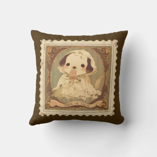 レトロハロウィーンパピートリックまたはトリートピロー クッション (裏面)