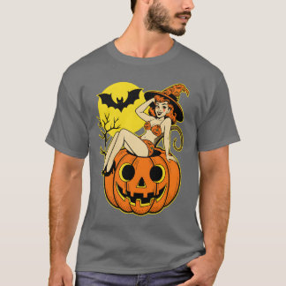 レトロハロウィーンピンナップウィッチオンパンプキン Tシャツ