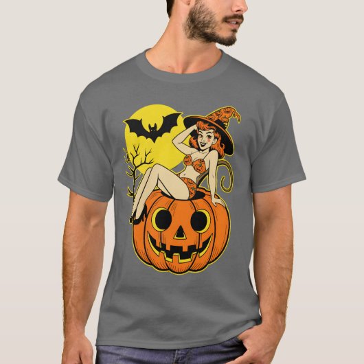 レトロハロウィーンピンナップウィッチオンパンプキン Tシャツ (正面)