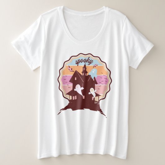 レトロハロウィーン不気味コスメ幽霊のよく出るットハウス幽霊 プラスサイズTシャツ (デザイン正面)