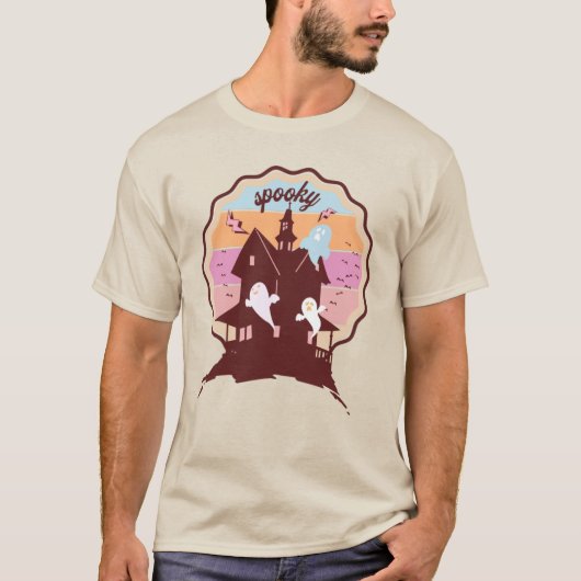 レトロハロウィーン不気味コスメ幽霊のよく出るットハウス幽霊 Tシャツ (正面)