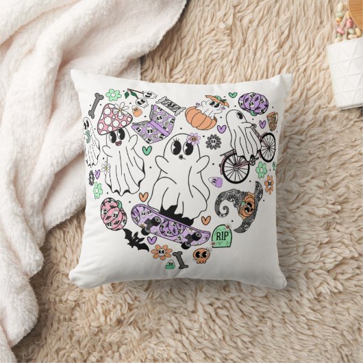 レトロハロウィーン幽霊とカボチャハート形状 クッション (ブランケット)