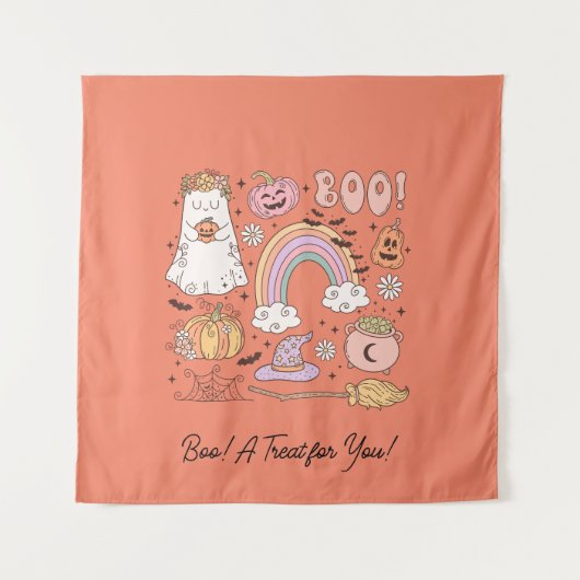 レトロハロウィーン幽霊カボチャクモWebウィッチハット タペストリー (正面)