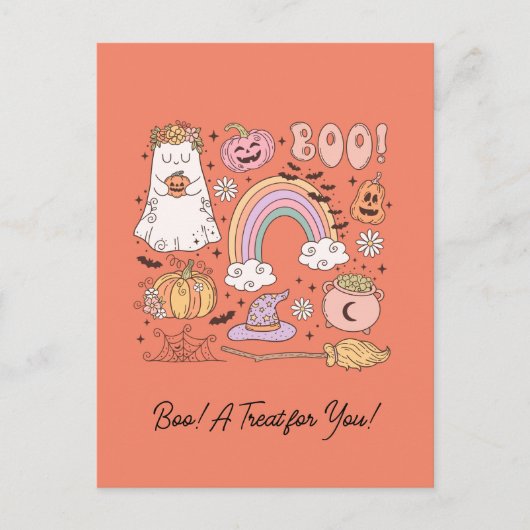 レトロハロウィーン幽霊カボチャクモWebウィッチハット ポストカード (正面)