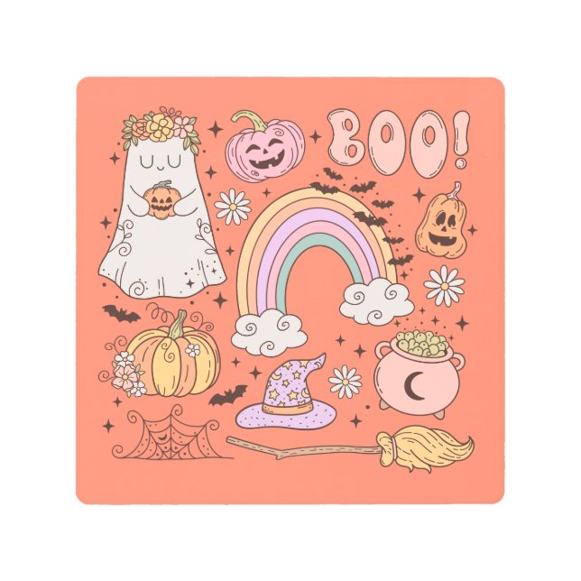 レトロハロウィーン幽霊カボチャクモWebウィッチハット メタルプリント (正面)