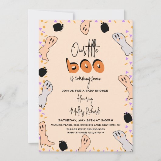 レトロハロウィーン幽霊私たちの小さなブベイビーシャワー 招待状 (正面)