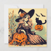 レトロハロウィーン魔女と黒猫とカボチャ カード (正面)