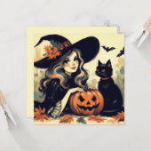 レトロハロウィーン魔女と黒猫とカボチャ カード (正面/裏面インサイチュ)