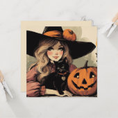 レトロハロウィーン魔女と黒猫とカボチャ カード (正面/裏面インサイチュ)