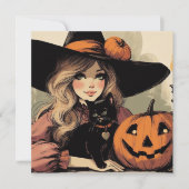 レトロハロウィーン魔女と黒猫とカボチャ カード (正面)