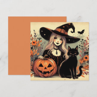 レトロハロウィーン魔女と黒猫とカボチャ カード