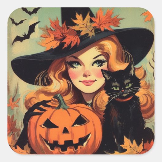 レトロハロウィーン魔女と黒猫不気味 スクエアシール (正面)