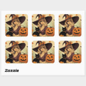 レトロハロウィーン魔女と黒猫不気味 スクエアシール (シート)