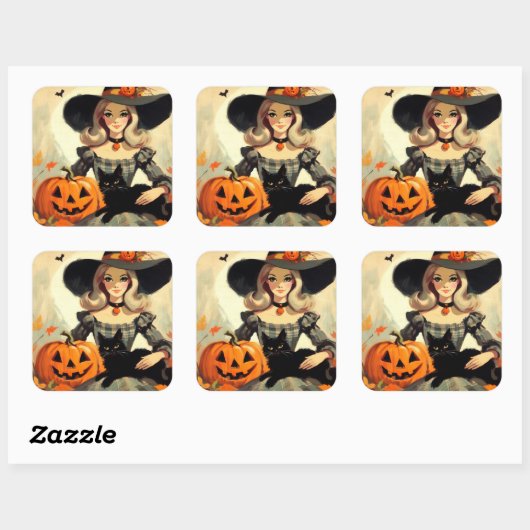 レトロハロウィーン魔女と黒猫不気味 スクエアシール (シート)