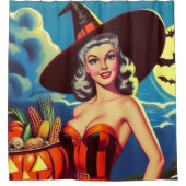 レトロハロウィーン魔女ピンアップ シャワーカーテン (正面)