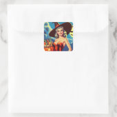 レトロハロウィーン魔女ピンアップ スクエアシール (バッグ)