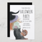 レトロハローウィンパーティウォーターカラーウィッチカボチャ 招待状 (正面/裏面)
