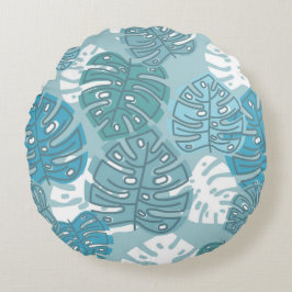 レトロハワイアンモンステラリーフサマーブルース ラウンドクッション