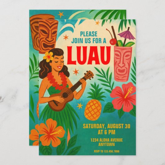 レトロハワイアンルアウ（ハワイ式宴会）パーティの招待状 招待状 (正面/裏面)