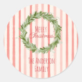 レトロハンドドロッドグリーンレッドクリスマスリース ラウンドシール (正面)