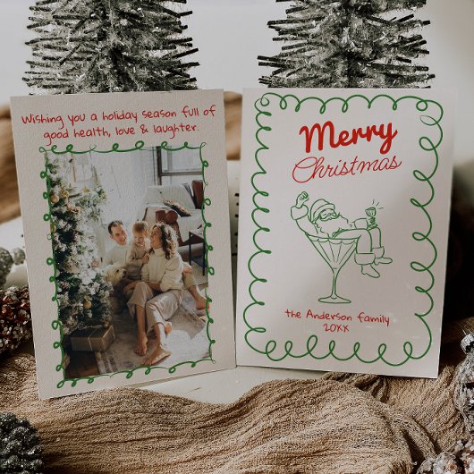 レトロハンドドローおもしろいサンタシャンパンクリスマス シーズンカード