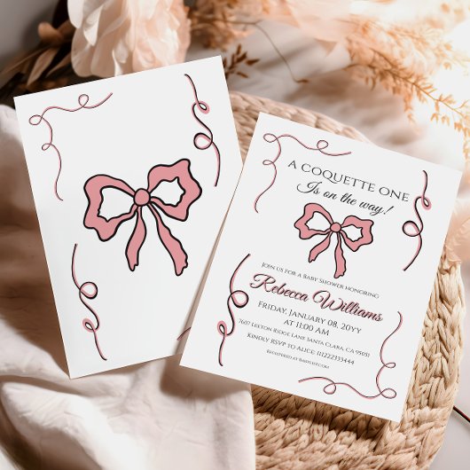 レトロハンドドローコケットピンクボウ赤ちゃんシャワー 招待状
