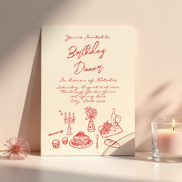 レトロハンドドローコケット誕生日ディナーパーティー 招待状