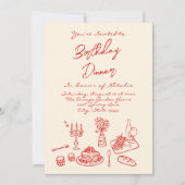 レトロハンドドローコケット誕生日ディナーフォト 招待状 (正面)