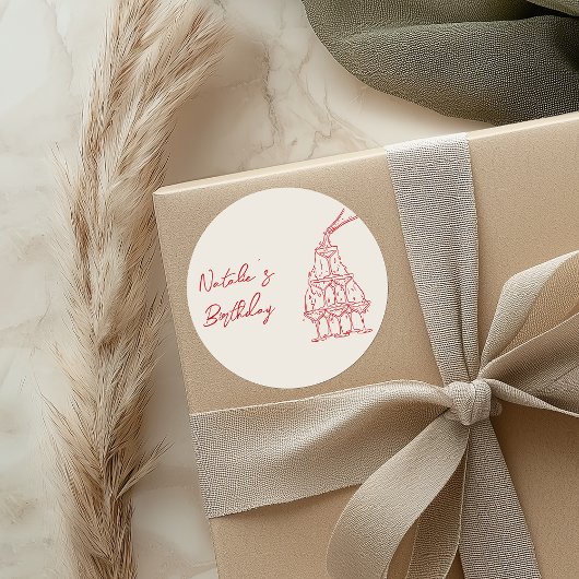 レトロハンドドローシャンパングラスタワー誕生日 ラウンドシール