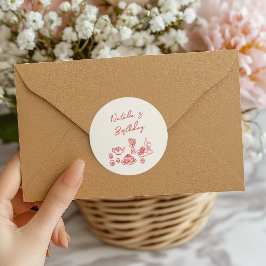 レトロハンドドロードレッドテーブルウェア誕生日ブランチ ラウンドシール