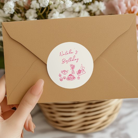 レトロハンドドローピンク食器誕生日ブランチ ラウンドシール