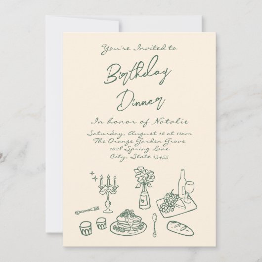 レトロハンドドローファンキー誕生日ディナーパーティー 招待状 (正面)