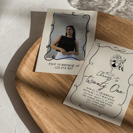 レトロハンドドローボウ21stフォトバースデーパーティー 招待状