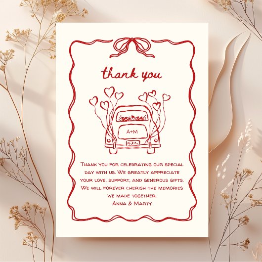 レトロハンドドローユニークド赤結婚弓の車 サンキューカード