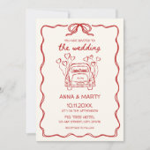 レトロハンドドローユニークド赤結婚弓の車 招待状 (正面)