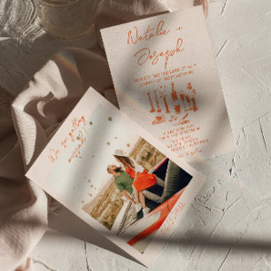 レトロハンドドロー明カラフルるいおもしろい結婚写真 招待状