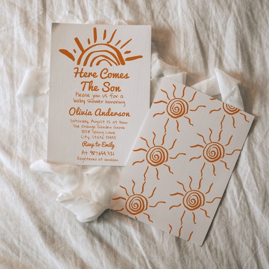 レトロハンドドロー来ドこの息子の赤ちゃんシャワー 招待状