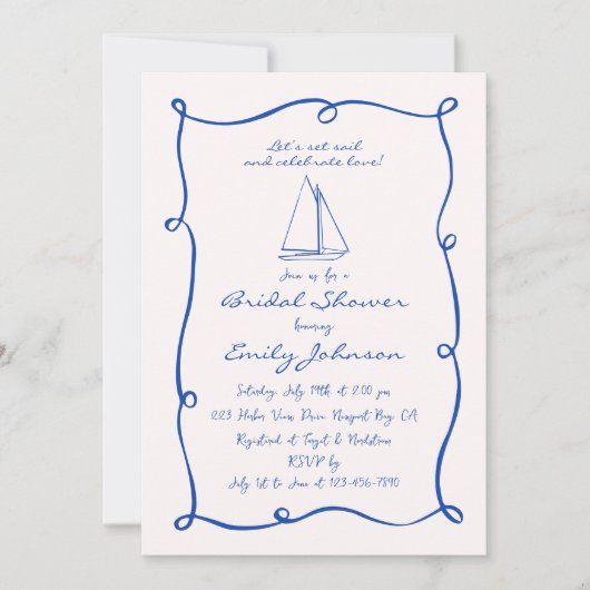 レトロハンドドロー航海のド帆船ブライダルシャワー 招待状 (正面)