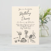 レトロハンドドロー誕生日ディナーパーティー モダン 招待状 (スタンド正面)