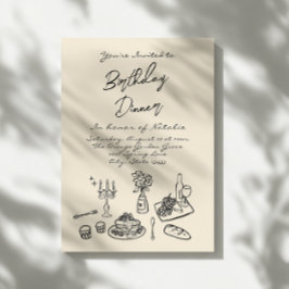 レトロハンドドロー誕生日ディナーパーティー モダン 招待状